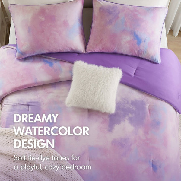 English Elm 4 Piece King Watercolor Tie Dye Microfiber Comforter Set with Faux Fur Throw Pillow Purple B035P529048