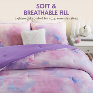 English Elm 4 Piece King Watercolor Tie Dye Microfiber Comforter Set with Faux Fur Throw Pillow Purple B035P529048