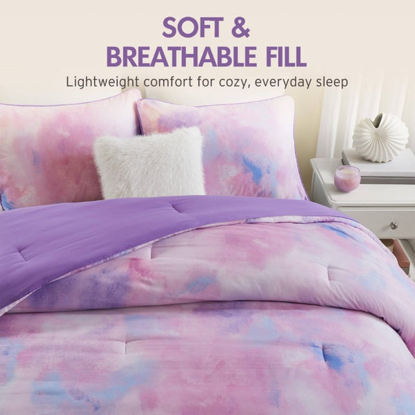 English Elm 4 Piece King Watercolor Tie Dye Microfiber Comforter Set with Faux Fur Throw Pillow Purple B035P529048
