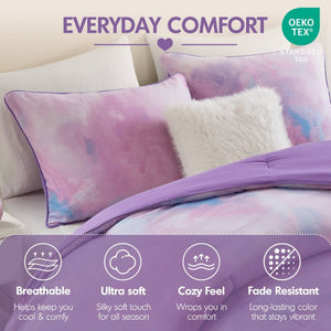 English Elm 4 Piece King Watercolor Tie Dye Microfiber Comforter Set with Faux Fur Throw Pillow Purple B035P529048