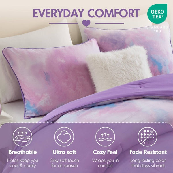 English Elm 4 Piece King Watercolor Tie Dye Microfiber Comforter Set with Faux Fur Throw Pillow Purple B035P529048