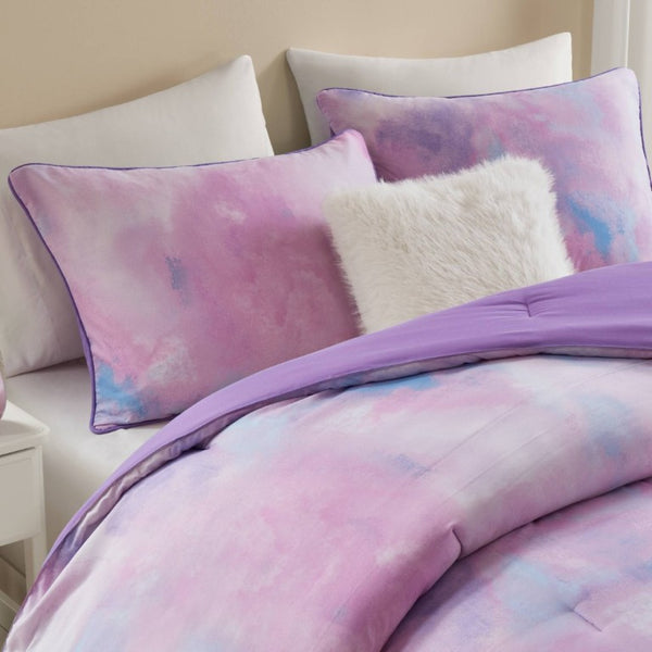 English Elm 4 Piece King Watercolor Tie Dye Microfiber Comforter Set with Faux Fur Throw Pillow Purple B035P529048