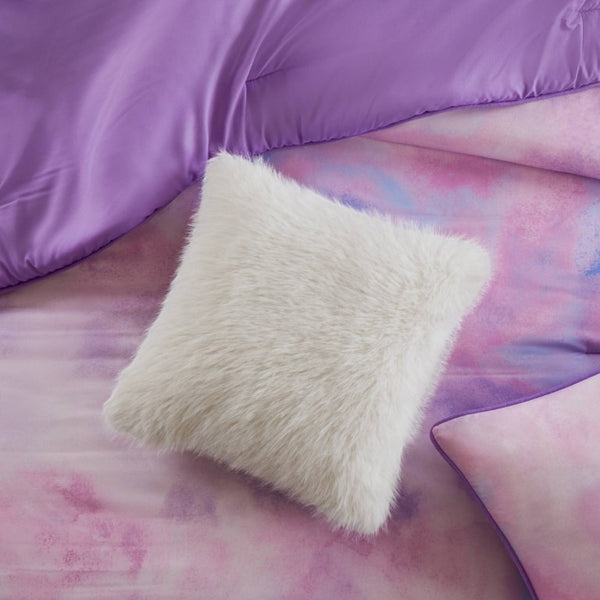 English Elm 4 Piece King Watercolor Tie Dye Microfiber Comforter Set with Faux Fur Throw Pillow Purple B035P529048