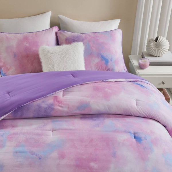English Elm 4 Piece King Watercolor Tie Dye Microfiber Comforter Set with Faux Fur Throw Pillow Purple B035P529048