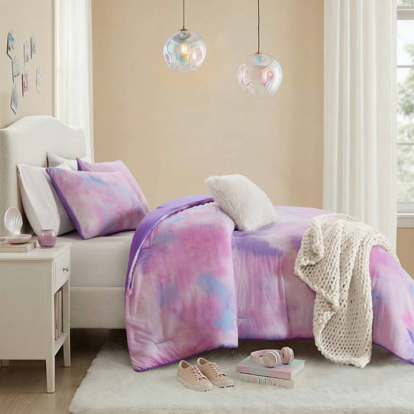 English Elm 4 Piece King Watercolor Tie Dye Microfiber Comforter Set with Faux Fur Throw Pillow Purple B035P529048