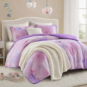 English Elm 4 Piece King Watercolor Tie Dye Microfiber Comforter Set with Faux Fur Throw Pillow Purple B035P529048