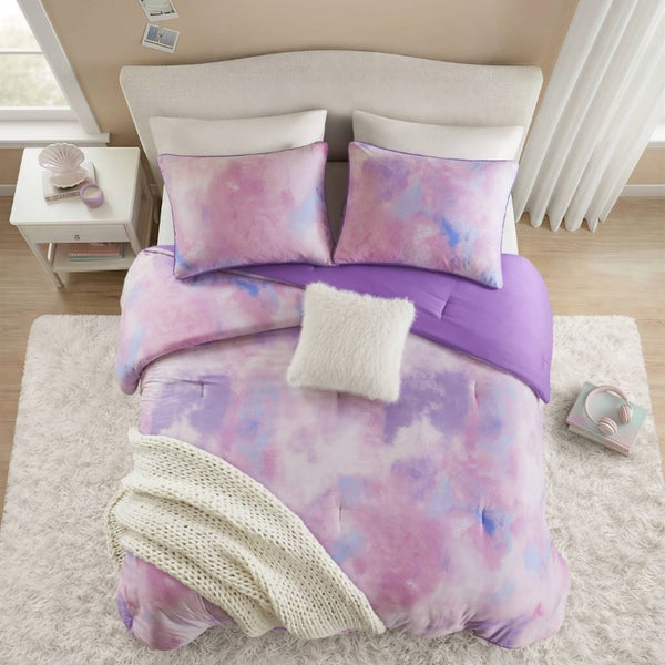 English Elm 4 Piece King Watercolor Tie Dye Microfiber Comforter Set with Faux Fur Throw Pillow Purple B035P529048