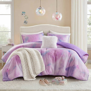 English Elm 4 Piece King Watercolor Tie Dye Microfiber Comforter Set with Faux Fur Throw Pillow Purple B035P529048