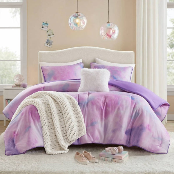 English Elm 4 Piece King Watercolor Tie Dye Microfiber Comforter Set with Faux Fur Throw Pillow Purple B035P529048