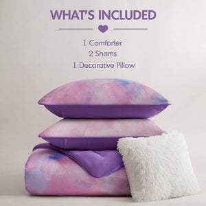 English Elm 4 Piece King Watercolor Tie Dye Microfiber Comforter Set with Faux Fur Throw Pillow Purple B035P529048