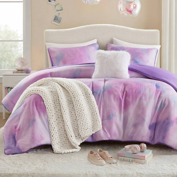 English Elm 4 Piece King Watercolor Tie Dye Microfiber Comforter Set with Faux Fur Throw Pillow Purple B035P529048