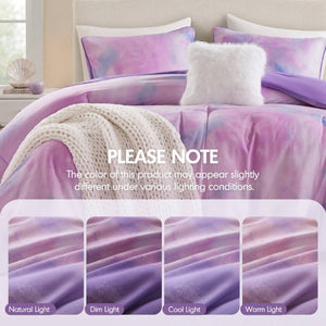 English Elm 4 Piece King Watercolor Tie Dye Microfiber Comforter Set with Faux Fur Throw Pillow Purple B035P529048