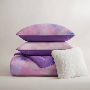 English Elm 4 Piece King Watercolor Tie Dye Microfiber Comforter Set with Faux Fur Throw Pillow Purple B035P529048