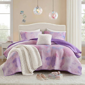 English Elm 4 Piece Bohemian Watercolor Quilt Set Brushed Microfiber Faux Fur Pillow Full Queen Purple B035P529050