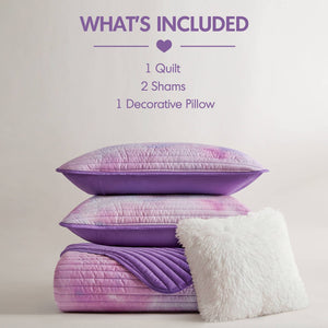 English Elm 4 Piece Bohemian Watercolor Quilt Set Brushed Microfiber Faux Fur Pillow Full Queen Purple B035P529050