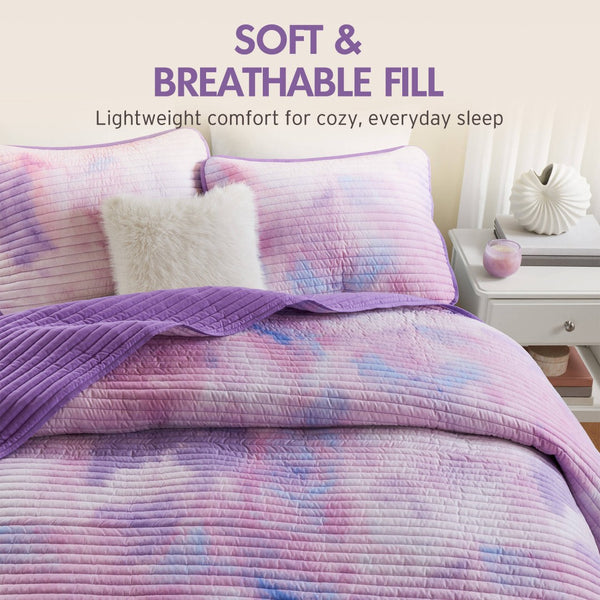 English Elm 4 Piece Bohemian Watercolor Quilt Set Brushed Microfiber Faux Fur Pillow Full Queen Purple B035P529050