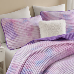 English Elm 4 Piece Bohemian Watercolor Quilt Set Brushed Microfiber Faux Fur Pillow Full Queen Purple B035P529050