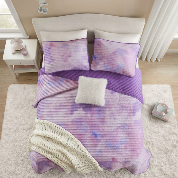 English Elm 4 Piece Bohemian Watercolor Quilt Set Brushed Microfiber Faux Fur Pillow Full Queen Purple B035P529050