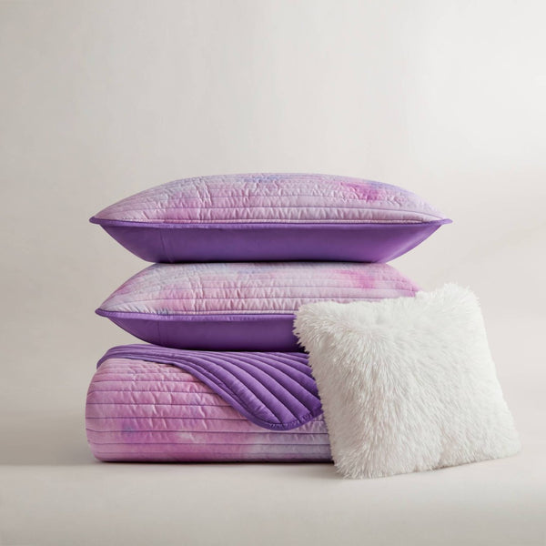 English Elm 4 Piece Bohemian Watercolor Quilt Set Brushed Microfiber Faux Fur Pillow Full Queen Purple B035P529050