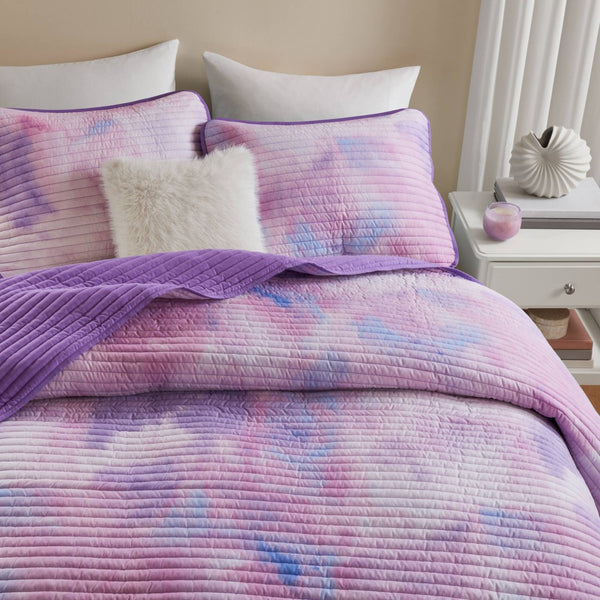 English Elm 4 Piece Bohemian Watercolor Quilt Set Brushed Microfiber Faux Fur Pillow Full Queen Purple B035P529050