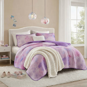 English Elm 4 Piece Bohemian Watercolor Quilt Set Brushed Microfiber Faux Fur Pillow Full Queen Purple B035P529050