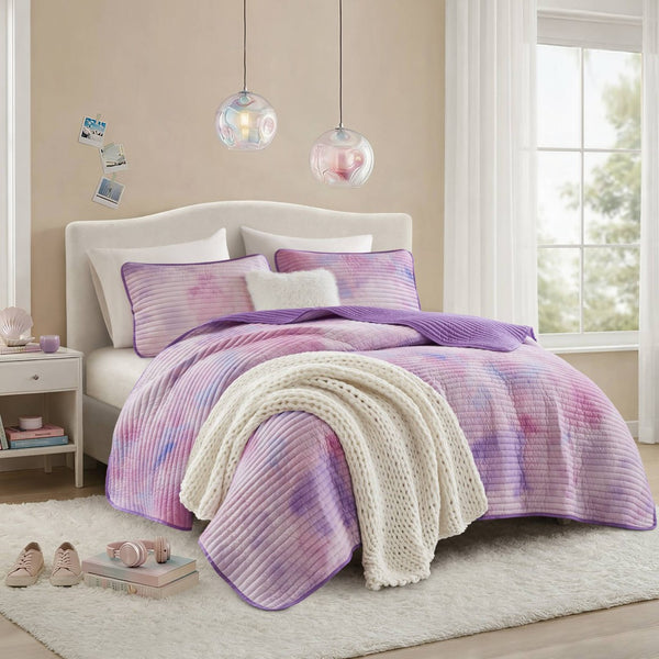 English Elm 4 Piece Bohemian Watercolor Quilt Set Brushed Microfiber Faux Fur Pillow Full Queen Purple B035P529050