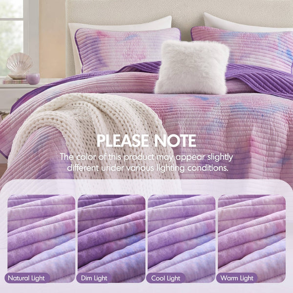 English Elm 4 Piece Bohemian Watercolor Quilt Set Brushed Microfiber Faux Fur Pillow Full Queen Purple B035P529050