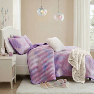 English Elm 4 Piece Bohemian Watercolor Quilt Set Brushed Microfiber Faux Fur Pillow Full Queen Purple B035P529050