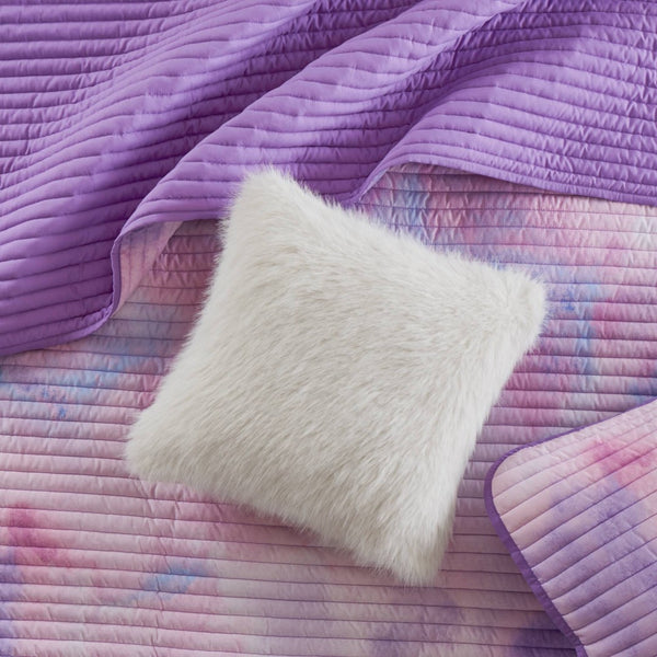 English Elm 4 Piece Bohemian Watercolor Quilt Set Brushed Microfiber Faux Fur Pillow Full Queen Purple B035P529050