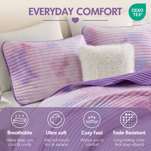 English Elm 4 Piece Bohemian Watercolor Quilt Set Brushed Microfiber Faux Fur Pillow Full Queen Purple B035P529050