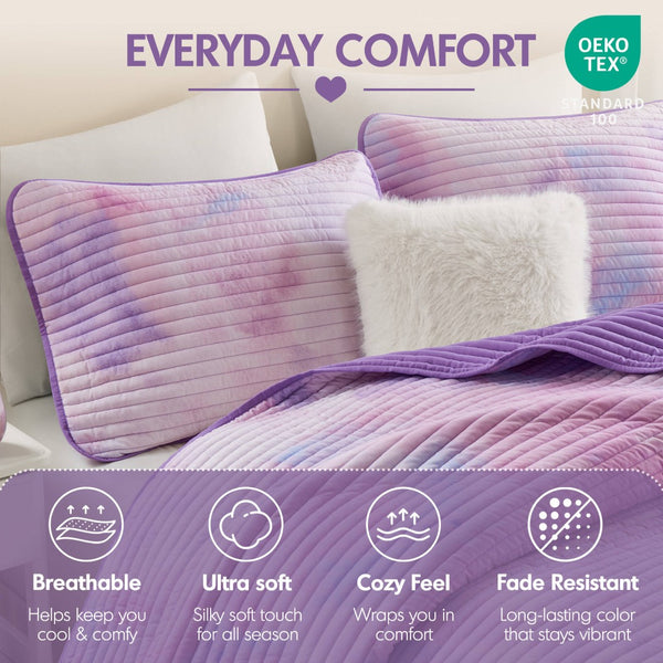 English Elm 4 Piece Bohemian Watercolor Quilt Set Brushed Microfiber Faux Fur Pillow Full Queen Purple B035P529050