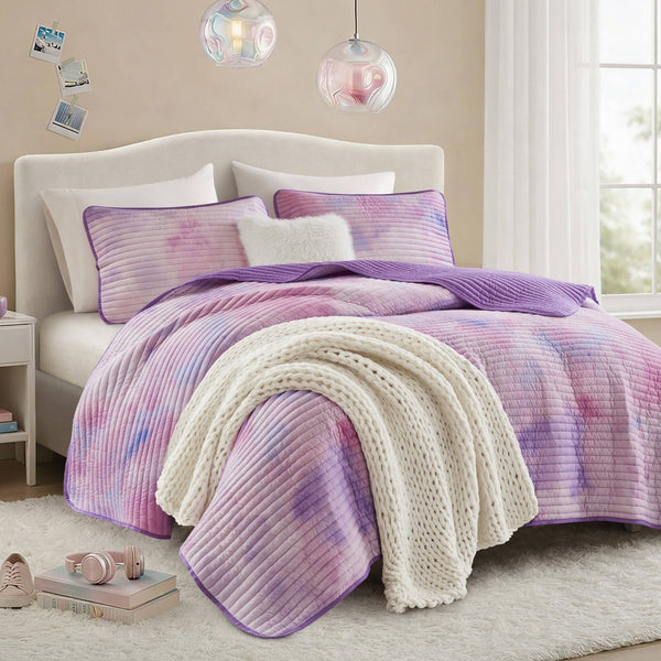 English Elm 4 Piece Bohemian Watercolor Quilt Set Brushed Microfiber Faux Fur Pillow Full Queen Purple B035P529050