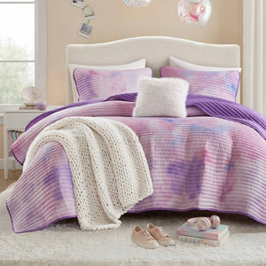English Elm 4 Piece Bohemian Watercolor Quilt Set Brushed Microfiber Faux Fur Pillow Full Queen Purple B035P529050