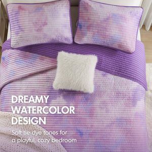 English Elm 4 Piece Bohemian Watercolor Quilt Set Brushed Microfiber Faux Fur Pillow Full Queen Purple B035P529050