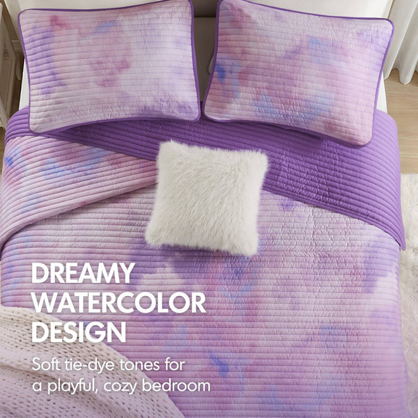 English Elm 4 Piece Bohemian Watercolor Quilt Set Brushed Microfiber Faux Fur Pillow Full Queen Purple B035P529050