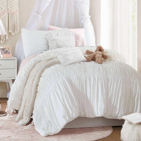English Elm 4 Piece Ruched Microfiber Comforter Set French Country Shabby Chic Bow Tie Bedding White B035P529051