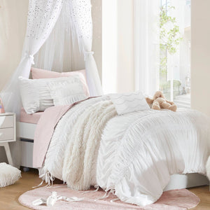 English Elm 4 Piece Ruched Microfiber Comforter Set French Country Shabby Chic Bow Tie Bedding White B035P529051