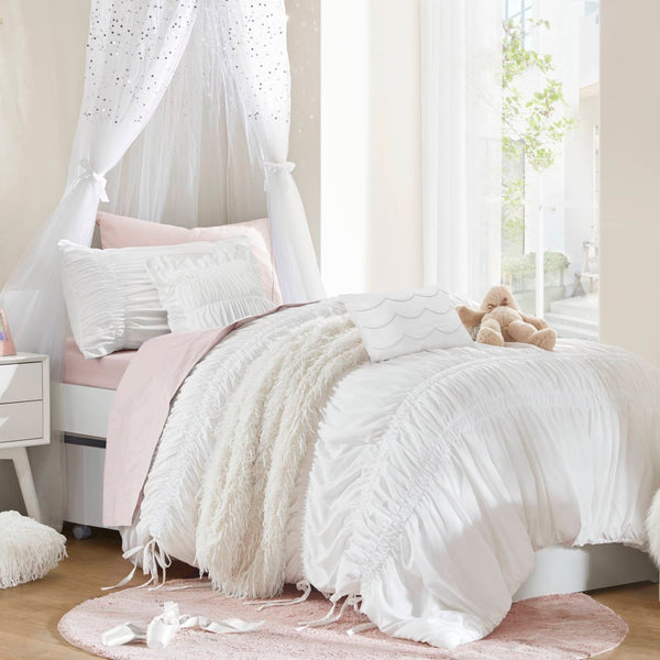English Elm 4 Piece Ruched Microfiber Comforter Set French Country Shabby Chic Bow Tie Bedding White B035P529051