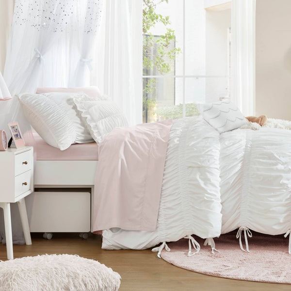 English Elm 4 Piece Ruched Microfiber Comforter Set French Country Shabby Chic Bow Tie Bedding White B035P529051