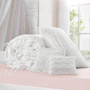 English Elm 4 Piece Ruched Microfiber Comforter Set French Country Shabby Chic Bow Tie Bedding White B035P529051