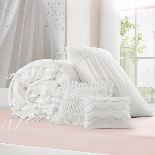 English Elm 4 Piece Ruched Microfiber Comforter Set French Country Shabby Chic Bow Tie Bedding White B035P529051