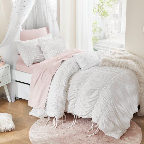 English Elm 4 Piece Ruched Microfiber Comforter Set French Country Shabby Chic Bow Tie Bedding White B035P529051