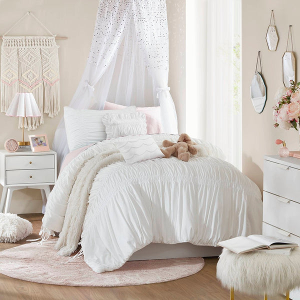 English Elm 4 Piece Ruched Microfiber Comforter Set French Country Shabby Chic Bow Tie Bedding White B035P529051
