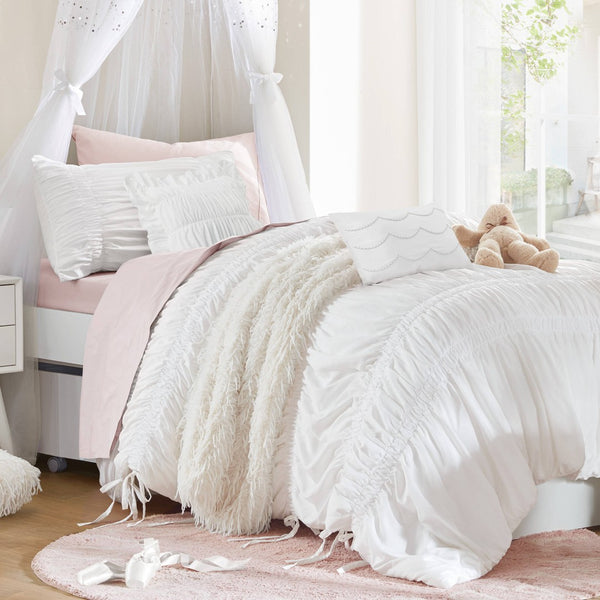 English Elm 4 Piece Ruched Microfiber Comforter Set French Country Shabby Chic Bow Tie Bedding White B035P529051