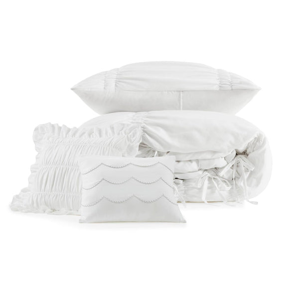 English Elm 4 Piece Ruched Microfiber Comforter Set French Country Shabby Chic Bow Tie Bedding White B035P529051