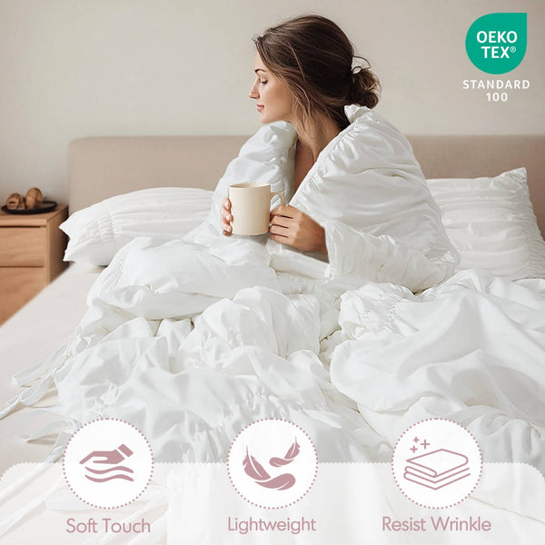 English Elm 4 Piece Ruched Microfiber Comforter Set French Country Shabby Chic Bow Tie Bedding White B035P529051