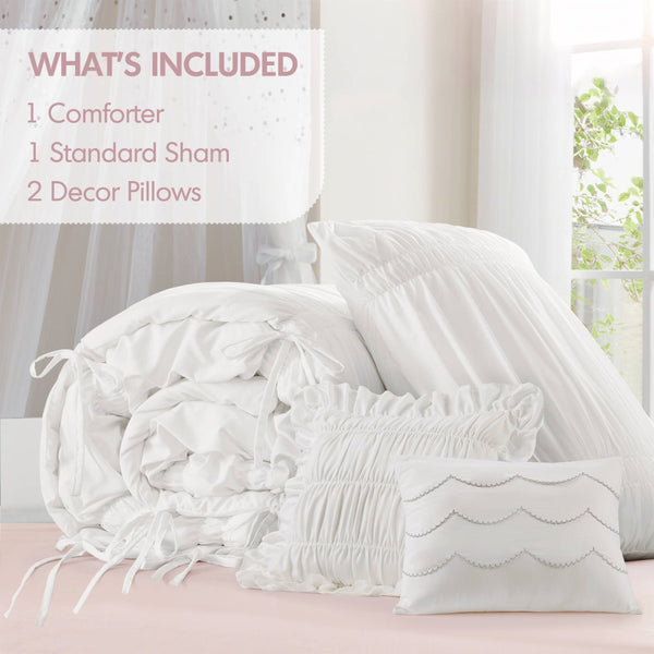 English Elm 4 Piece Ruched Microfiber Comforter Set French Country Shabby Chic Bow Tie Bedding White B035P529051