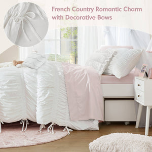 English Elm 4 Piece Ruched Microfiber Comforter Set French Country Shabby Chic Bow Tie Bedding White B035P529051