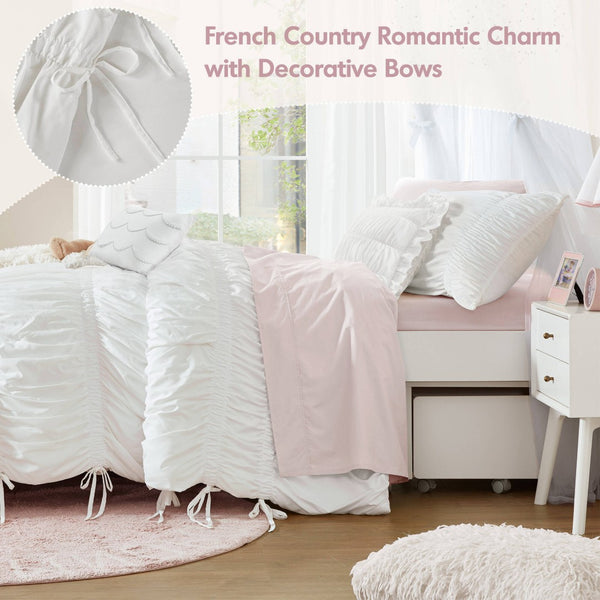 English Elm 4 Piece Ruched Microfiber Comforter Set French Country Shabby Chic Bow Tie Bedding White B035P529051