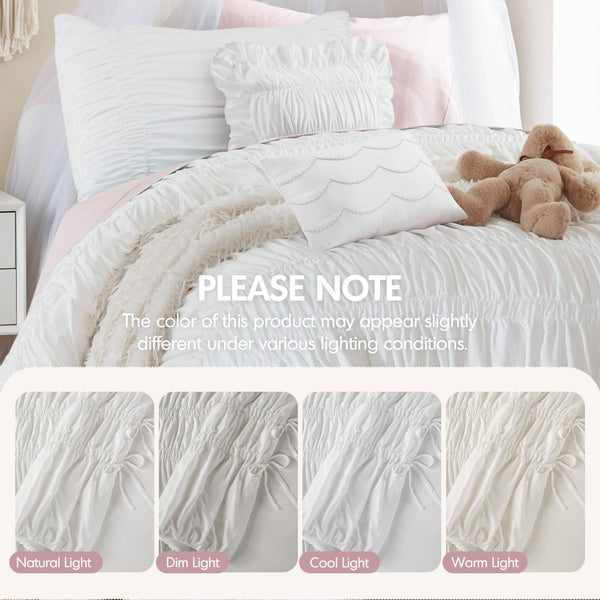 English Elm 4 Piece Ruched Microfiber Comforter Set French Country Shabby Chic Bow Tie Bedding White B035P529051